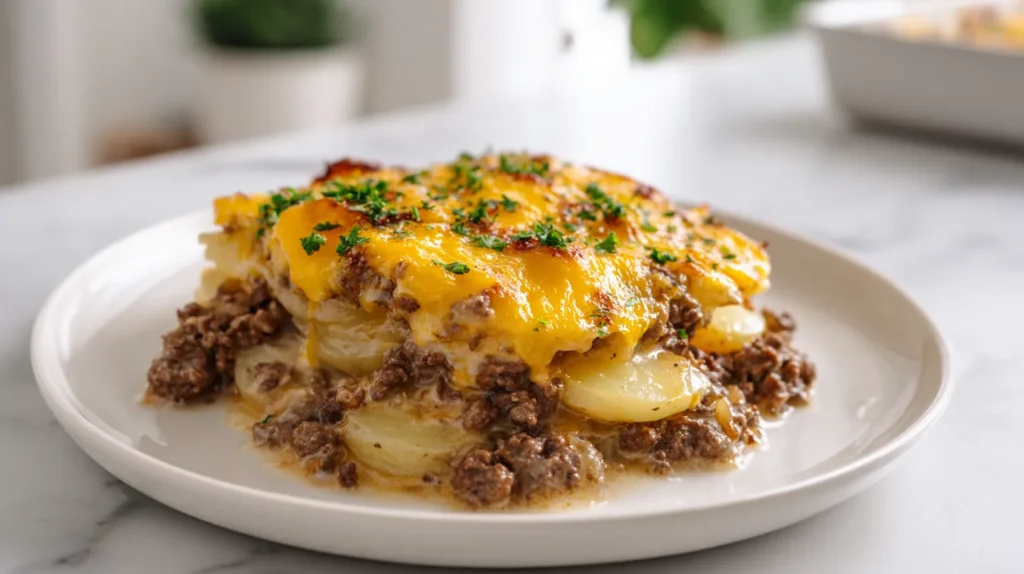 Plated serving of hamburger potato casserole on a white plate, showing layers of sliced potatoes, seasoned ground beef, creamy sauce, and melted cheddar cheese on a white marble counter.