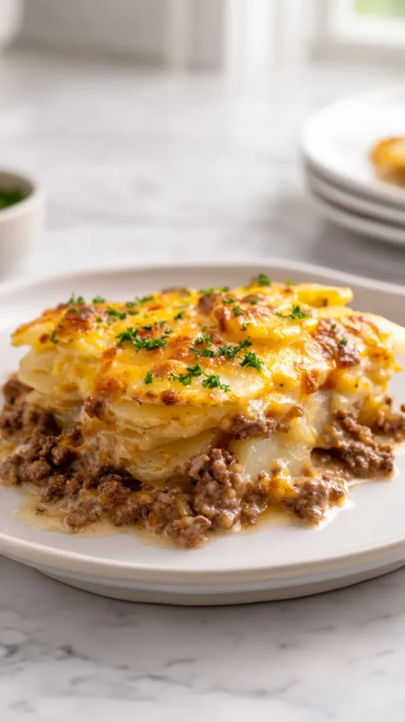 Plated serving of hamburger potato casserole on a white plate, showing layers of sliced potatoes, seasoned ground beef, creamy sauce, and melted cheddar cheese on a white marble counter.