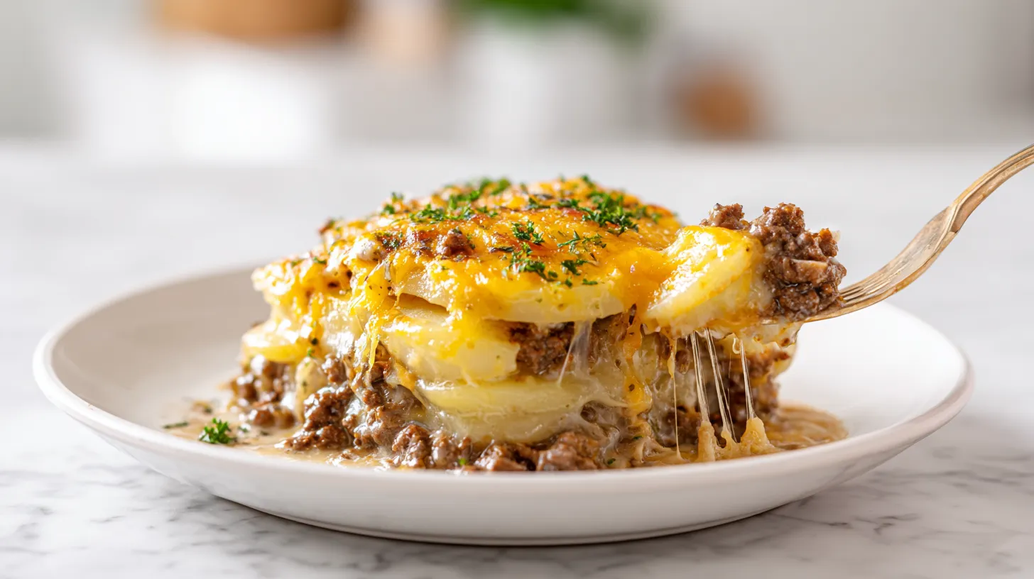 A plated serving of hamburger potato casserole on a simple white ceramic dinner plate, visible layers of thin tender Yukon Gold potato slices, seasoned browned ground beef, creamy mushroom sauce, and melted sharp cheddar cheese with a golden bubbly top, lightly sprinkled with chopped parsley, rich creamy texture with crisp browned edges, realistic portion size, warm savory tones of golden yellow, toasted cheddar, and deep brown beef, set on a white marble kitchen countertop in a bright white kitchen