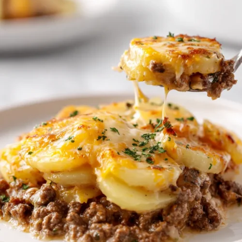 Fork lifting a bite of hamburger potato casserole from a white plate, showing layers of sliced potatoes, seasoned ground beef, creamy sauce, melted cheddar cheese, and a soft cheese pull.