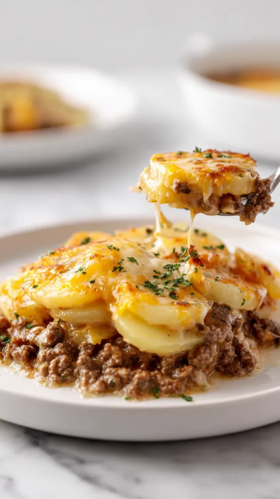 Fork lifting a bite of hamburger potato casserole from a white plate, showing layers of sliced potatoes, seasoned ground beef, creamy sauce, melted cheddar cheese, and a soft cheese pull.