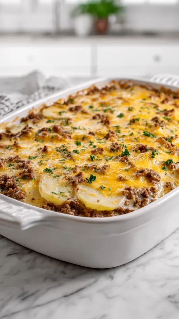 Freshly baked hamburger potato casserole in a white 9x13 casserole dish on a white marble counter, with layers of sliced potatoes, seasoned ground beef, creamy sauce, melted cheddar cheese, and parsley on top.