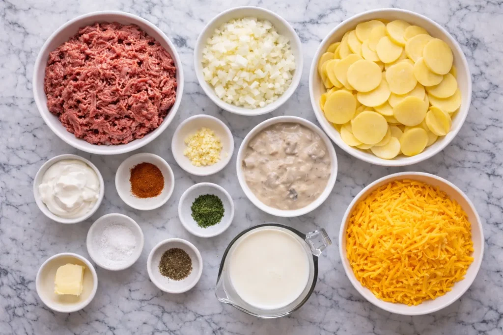 Overhead view of hamburger potato casserole ingredients in bowls on a white marble counter, including raw ground beef, diced onion, sliced Yukon Gold potatoes, minced garlic, cream of mushroom soup, sour cream, shredded cheddar cheese, milk, butter, salt, pepper, paprika, and dried parsley.