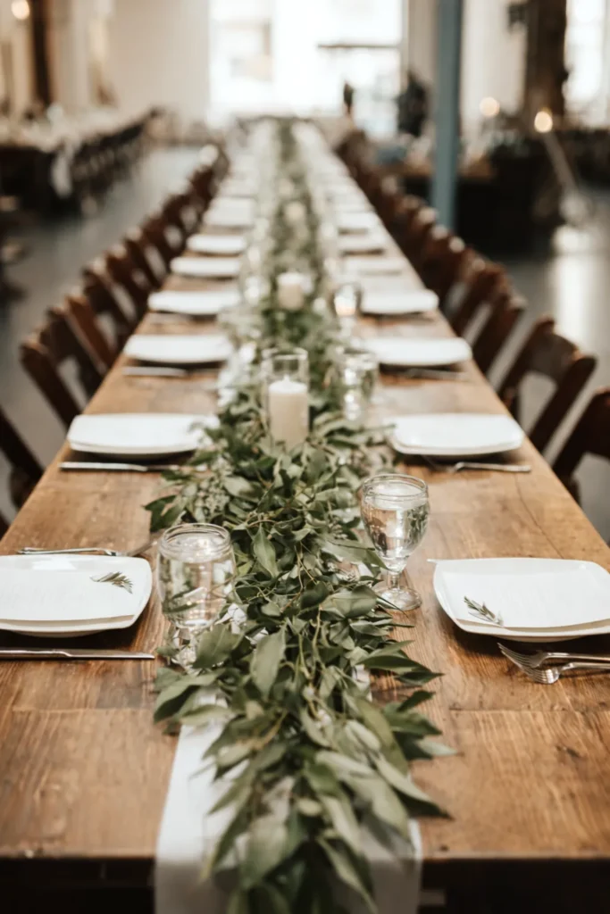 wooden table with greenery runner; minimalist wedding table decor