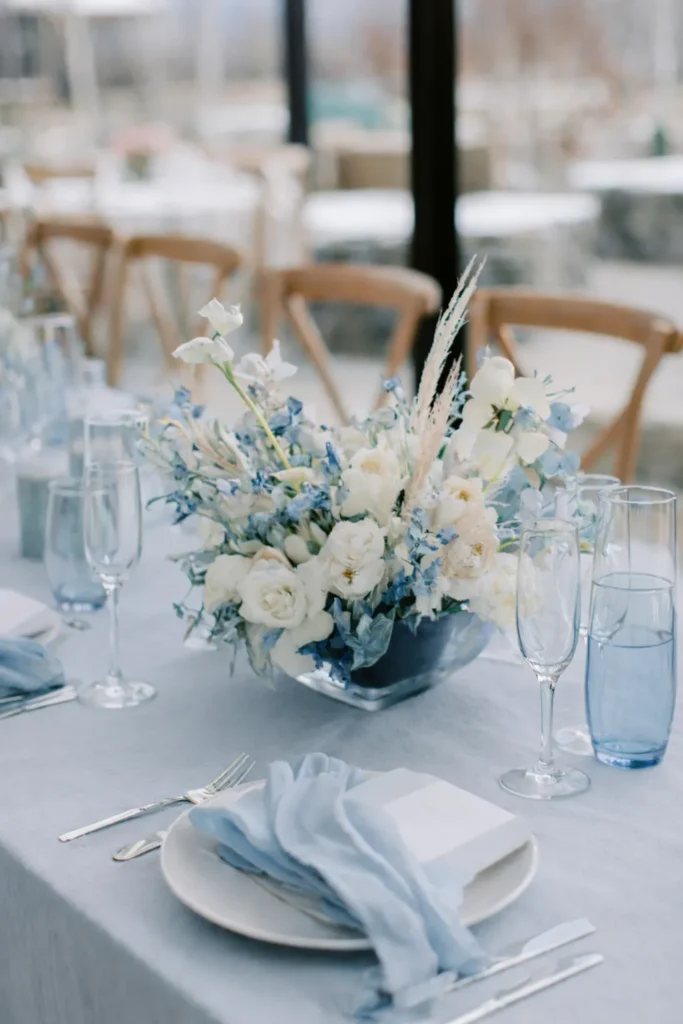 dusty-blue minimalist wedding table decor