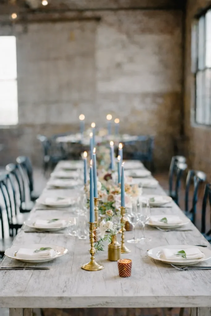 blue taper candles, place settings