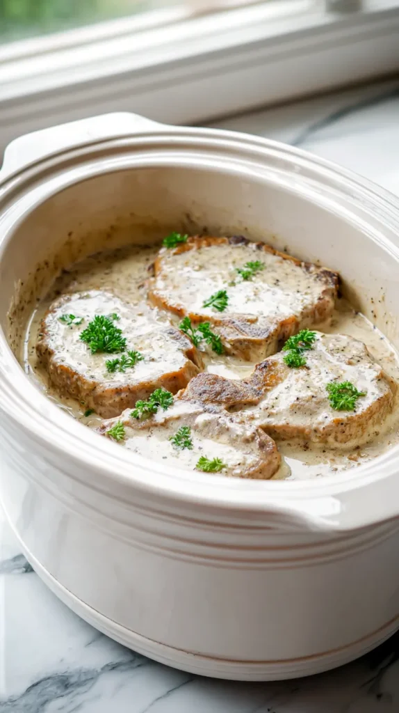 slow cooker containing 4 bone-in pork chops in sauce