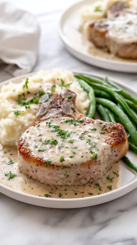 plate of pork chop, sauce, greens, mashed potatoes, herbs
