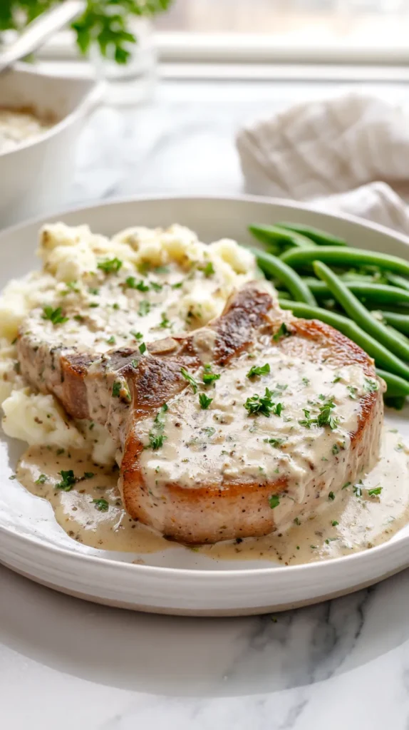 garlic ranch pork chops with mashed potatoes and greens