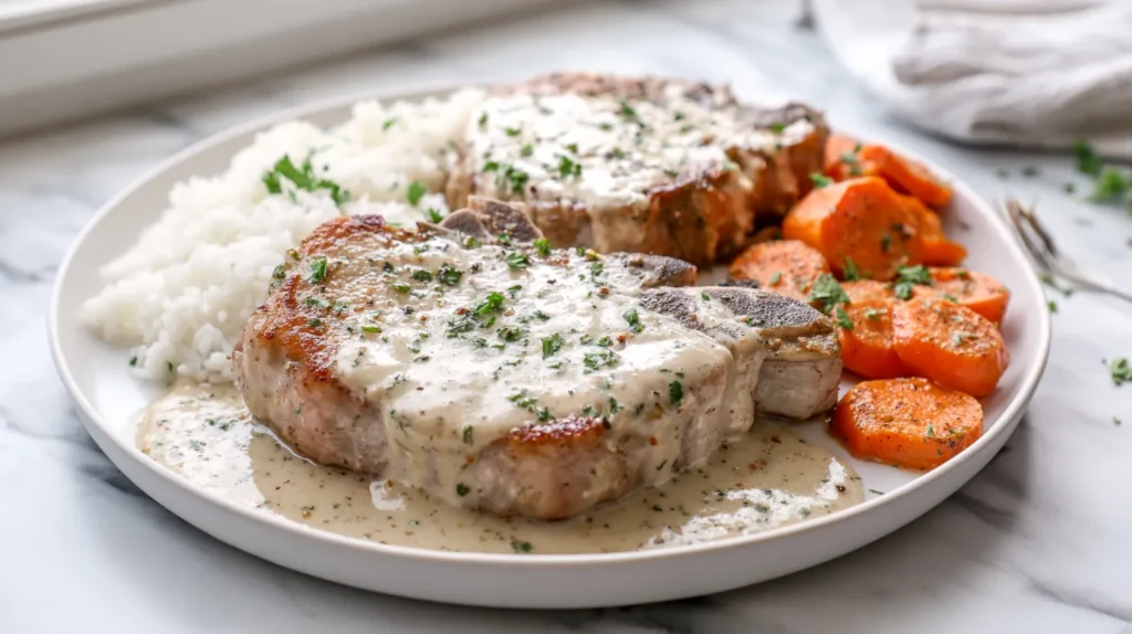 pork chops with a garlic ranch sauce, carrots, and rice