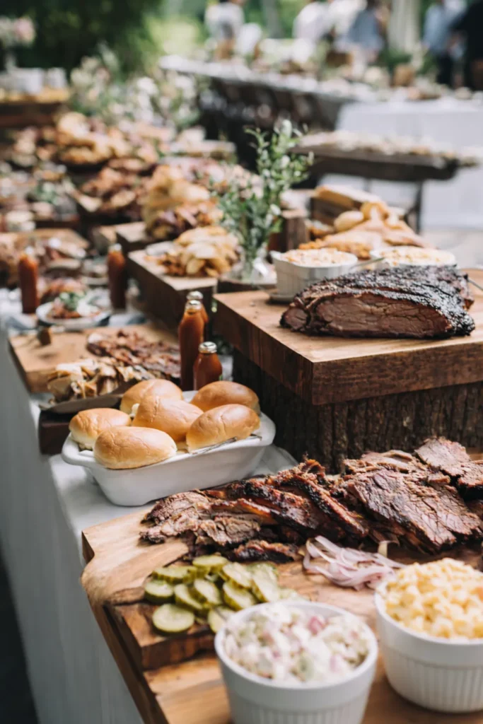 long buffet table, with barbecue