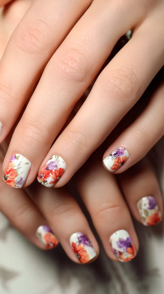 floral nail pattern, bold colors, short nails