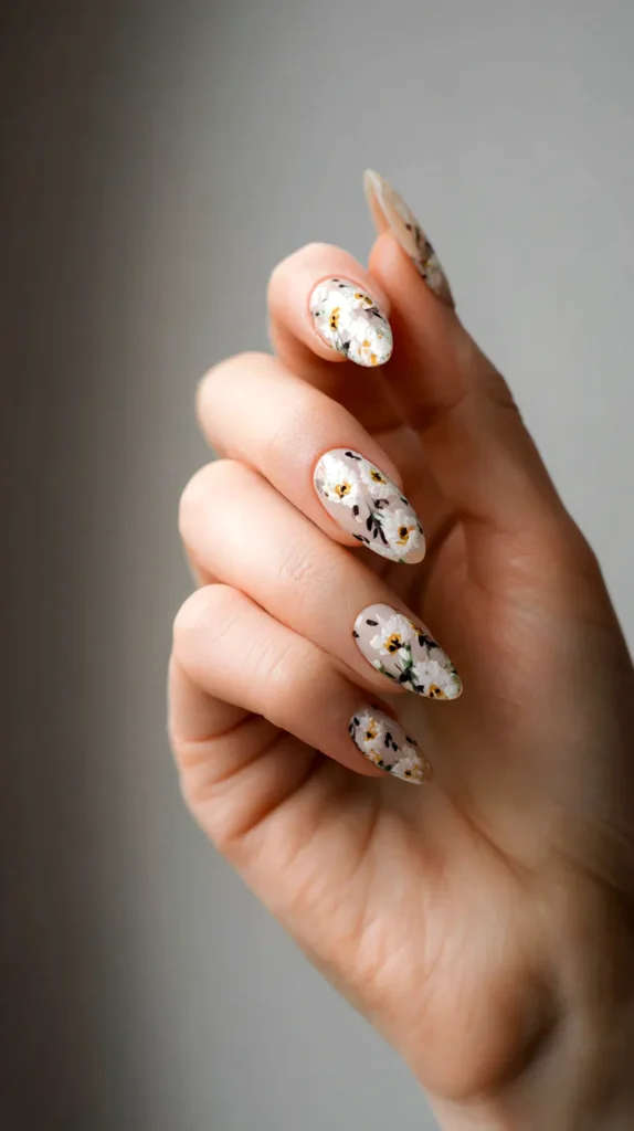 long nails, floral manicure, female hand