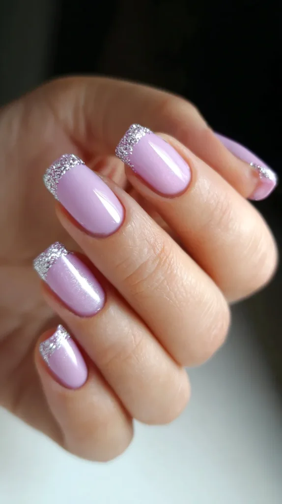 light lavender base of nails with silver glitter tips