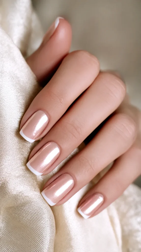 French manicure, light gold metallic base, white tip