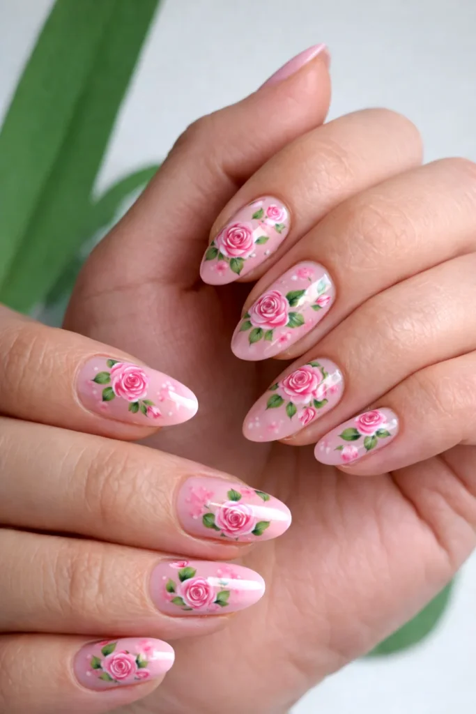 floral nails, pink flowers