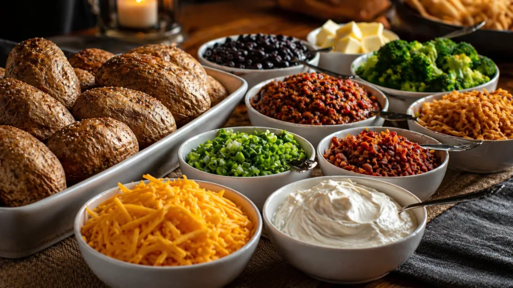 Loaded baked potato bar display with classic toppings for guests