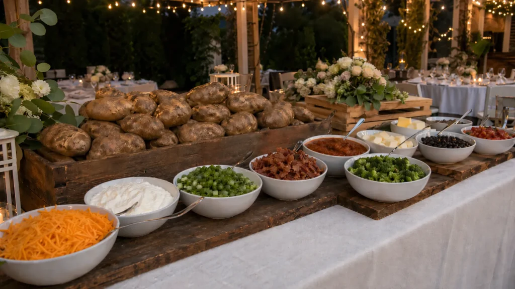 Self-serve baked potato bar on a table with simple serving dishes