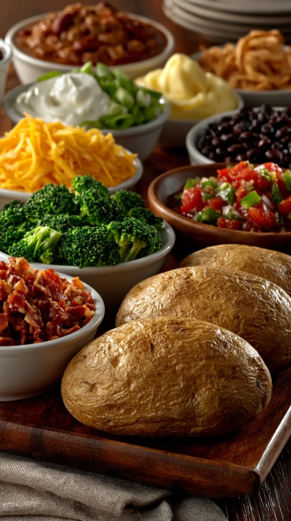 Baked potato topping bar with cheese, bacon, sour cream, and vegetables