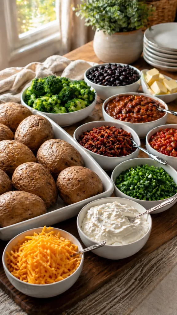 Party-ready baked potato bar with whole baked potatoes and toppings