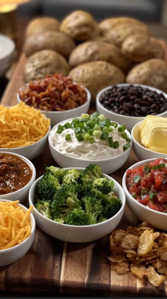 Casual baked potato bar with a variety of toppings in serving bowls