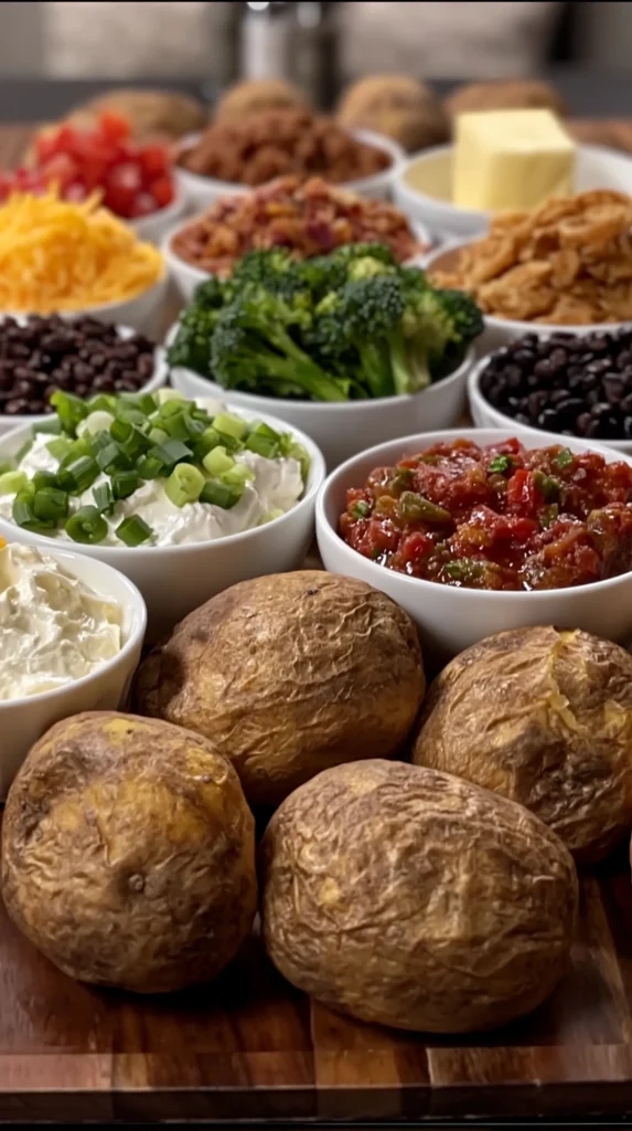 Rustic baked potato bar with toppings arranged for a party