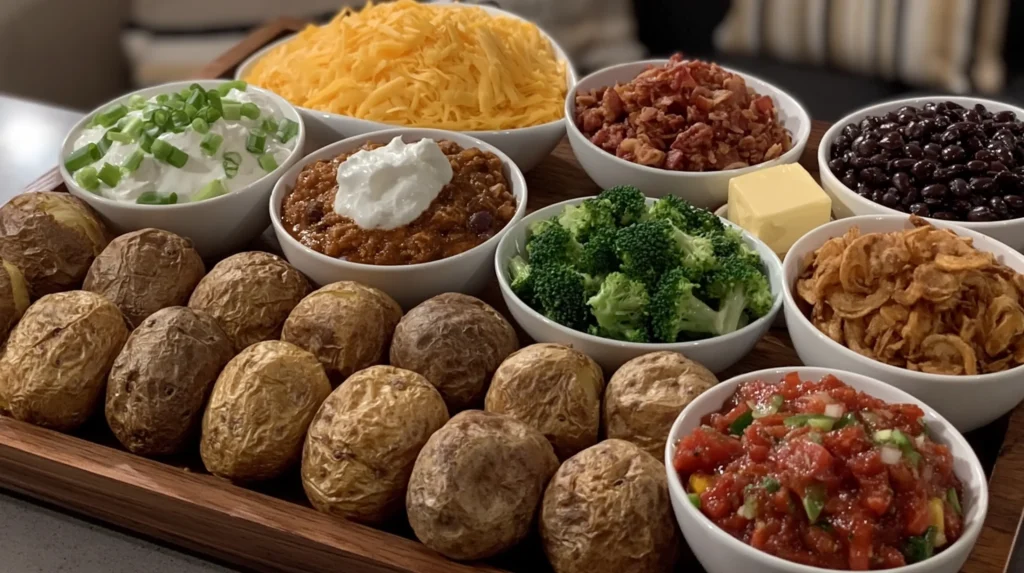Baked potato bar setup with whole potatoes and assorted toppings