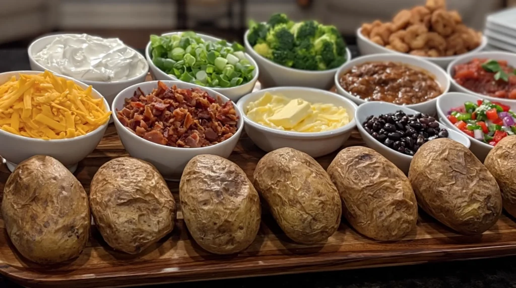 Buffet-style baked potato bar with cheese, sour cream, and green onions