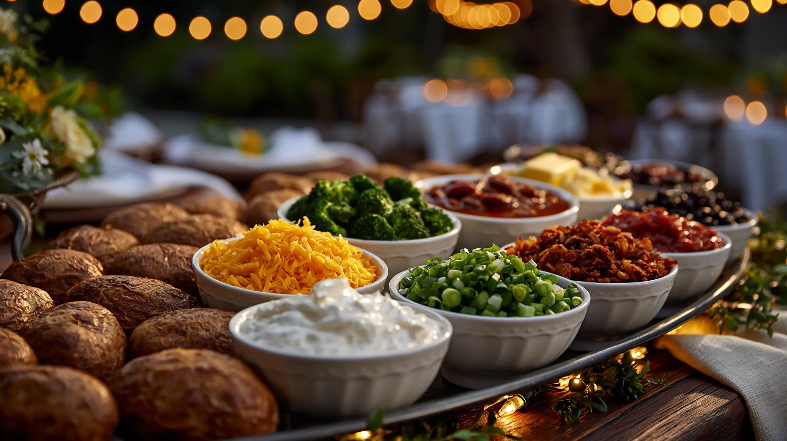 Baked potato bar with toppings in white bowls on a buffet table