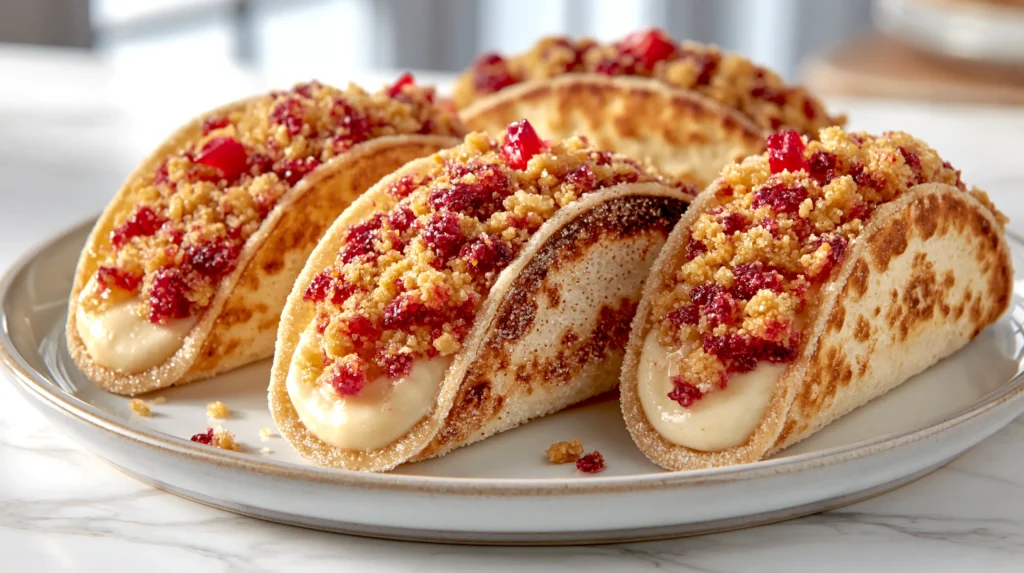 hyper-realistic food photo of strawberry crunch cheesecake tacos on a white ceramic plate, four small baked flour tortilla shells lightly coated in sugar and folded into taco shapes, shells thin with lightly crisp edges, subtle blistering, and more golden baked browning, filled with thick smooth pale cheesecake filling that holds its shape without pooling, topped with a natural crumbly strawberry crunch made from golden sandwich cookie crumbs and strawberry gelatin, with visible golden crumbs and deeper pink-red bits, topping loosely scattered rather than perfectly lined, a few tiny diced fresh strawberries as garnish, realistic homemade dessert, believable textures, bright white kitchen background, white marble countertop, soft natural window light, shallow depth of field, clean editorial food photography, crisp focus, no people, no utensils, no text, no logos, no watermark