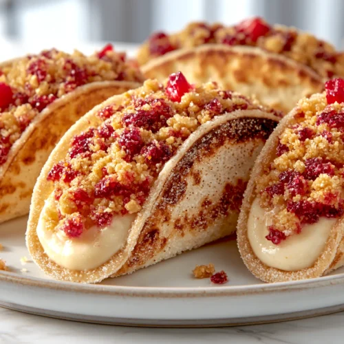 hyper-realistic food photo of strawberry crunch cheesecake tacos on a white ceramic plate, four small baked flour tortilla shells lightly coated in sugar and folded into taco shapes, shells thin with lightly crisp edges, subtle blistering, and more golden baked browning, filled with thick smooth pale cheesecake filling that holds its shape without pooling, topped with a natural crumbly strawberry crunch made from golden sandwich cookie crumbs and strawberry gelatin, with visible golden crumbs and deeper pink-red bits, topping loosely scattered rather than perfectly lined, a few tiny diced fresh strawberries as garnish, realistic homemade dessert, believable textures, bright white kitchen background, white marble countertop, soft natural window light, shallow depth of field, clean editorial food photography, crisp focus, no people, no utensils, no text, no logos, no watermark
