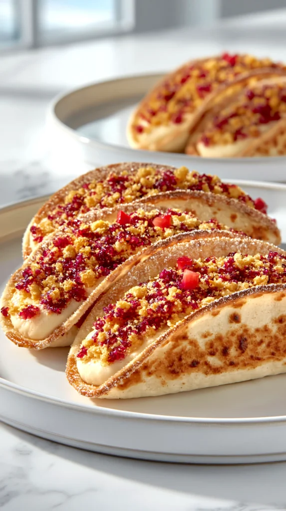 hyper-realistic food photo of strawberry crunch cheesecake tacos on a white ceramic plate, four small baked flour tortilla shells lightly coated in sugar and folded into taco shapes, shells thin with lightly crisp edges, subtle blistering, and more golden baked browning, filled with thick smooth pale cheesecake filling that holds its shape without pooling, topped with a natural crumbly strawberry crunch made from golden sandwich cookie crumbs and strawberry gelatin, with visible golden crumbs and deeper pink-red bits, topping loosely scattered rather than perfectly lined, a few tiny diced fresh strawberries as garnish, realistic homemade dessert, believable textures, bright white kitchen background, white marble countertop, soft natural window light, shallow depth of field, clean editorial food photography, crisp focus, no people, no utensils, no text, no logos, no watermark