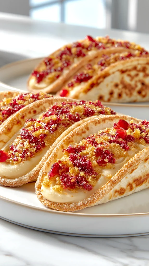 hyper-realistic food photo of strawberry crunch cheesecake tacos on a white ceramic plate, four small baked flour tortilla shells lightly coated in sugar and folded into taco shapes, shells thin with lightly crisp edges, subtle blistering, and more golden baked browning, filled with thick smooth pale cheesecake filling that holds its shape without pooling, topped with a natural crumbly strawberry crunch made from golden sandwich cookie crumbs and strawberry gelatin, with visible golden crumbs and deeper pink-red bits, topping loosely scattered rather than perfectly lined, a few tiny diced fresh strawberries as garnish, realistic homemade dessert, believable textures, bright white kitchen background, white marble countertop, soft natural window light, shallow depth of field, clean editorial food photography, crisp focus, no people, no utensils, no text, no logos, no watermark