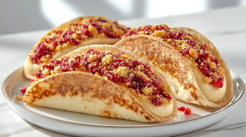 hyper-realistic food photo of strawberry crunch cheesecake tacos on a white ceramic plate, four small baked flour tortilla shells lightly coated in sugar and folded into taco shapes, shells thin with lightly crisp edges, subtle blistering, and more golden baked browning, filled with thick smooth pale cheesecake filling that holds its shape without pooling, topped with a natural crumbly strawberry crunch made from golden sandwich cookie crumbs and strawberry gelatin, with visible golden crumbs and deeper pink-red bits, topping loosely scattered rather than perfectly lined, a few tiny diced fresh strawberries as garnish, realistic homemade dessert, believable textures, bright white kitchen background, white marble countertop, soft natural window light, shallow depth of field, clean editorial food photography, crisp focus, no people, no utensils, no text, no logos, no watermark