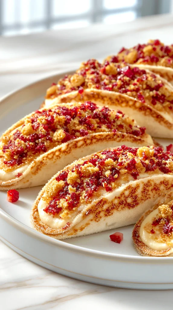 hyper-realistic food photo of strawberry crunch cheesecake tacos on a white ceramic plate, four small baked flour tortilla shells lightly coated in sugar and folded into taco shapes, shells thin with lightly crisp edges, subtle blistering, and more golden baked browning, filled with thick smooth pale cheesecake filling that holds its shape without pooling, topped with a natural crumbly strawberry crunch made from golden sandwich cookie crumbs and strawberry gelatin, with visible golden crumbs and deeper pink-red bits, topping loosely scattered rather than perfectly lined, a few tiny diced fresh strawberries as garnish, realistic homemade dessert, believable textures, bright white kitchen background, white marble countertop, soft natural window light, shallow depth of field, clean editorial food photography, crisp focus, no people, no utensils, no text, no logos, no watermark