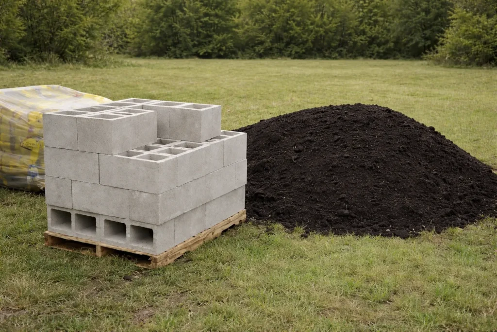 hyper-realistic photo of a pallet stacked with light gray cinder blocks beside a large mound of dark garden soil in a backyard, DIY garden build materials staged outdoors on grass, chain link fence in the background, suburban yard, realistic rough concrete texture on blocks, overcast daylight, practical work-in-progress gardening scene, unpolished and real, documentary style outdoor photography, no people, no text, no watermark