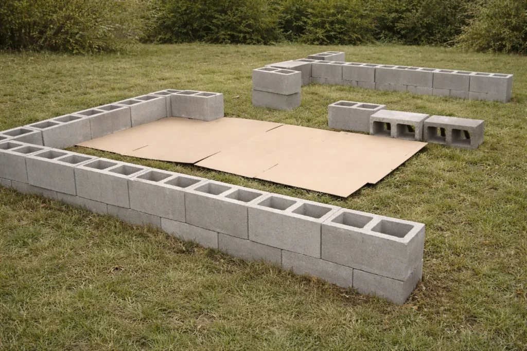 hyper-realistic photo of a cinder block raised garden bed in the early build stage, single row of light gray cinder blocks arranged in a rectangle on grass, flattened brown cardboard sheets covering the inside base over the grass, a few extra cinder blocks sitting nearby, practical backyard DIY garden setup, realistic concrete texture, natural overcast daylight, casual suburban yard, documentary style outdoor photography, no people, no text, no watermark