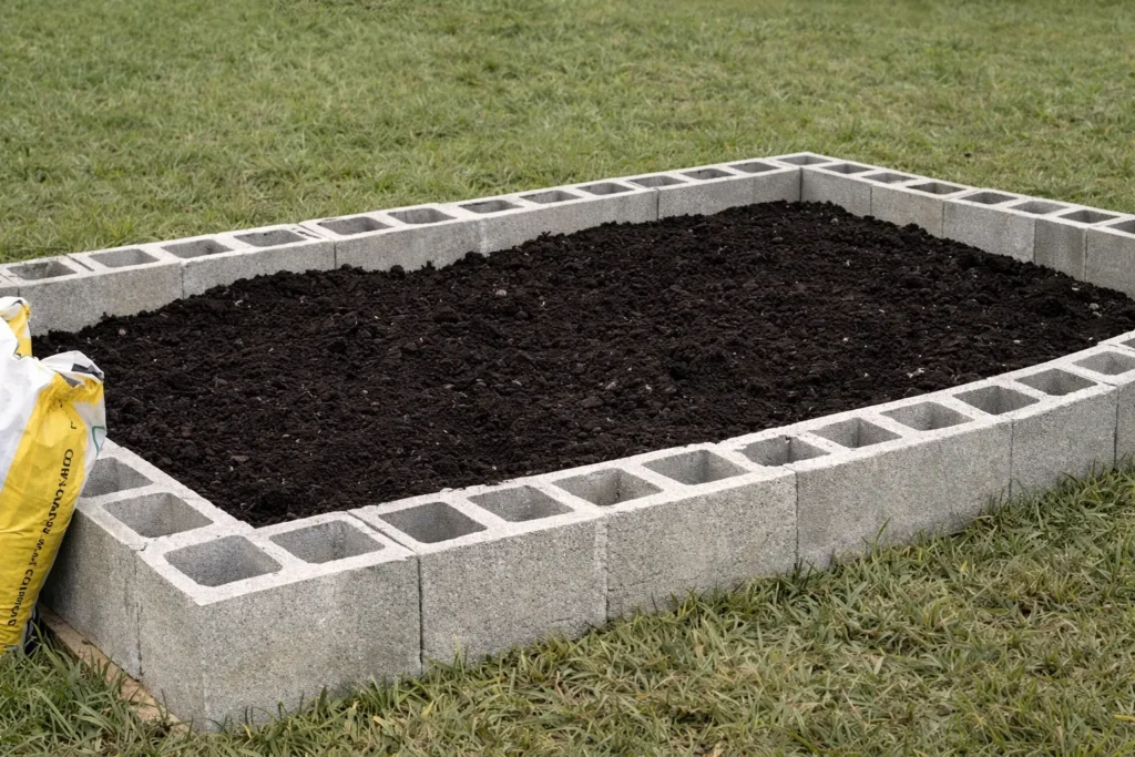 hyper-realistic photo of a rectangular cinder block raised garden bed being filled with dark rich soil in a grassy backyard, single-height light gray cinder blocks, one person partially visible using a rake to spread soil inside the bed, open bag of garden soil leaning at the corner, practical DIY build stage, overcast daylight, realistic textures, suburban backyard setting, documentary style garden photography, no text, no watermark --ar 16:9