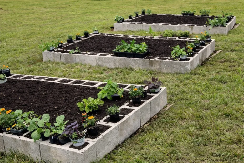 hyper-realistic photo of three newly filled cinder block raised garden beds in a grassy backyard, long low rectangular beds made from light gray cinder blocks, dark fresh soil inside, small starter vegetable plants in black nursery pots placed around the beds and some already planted, a few flowers and herbs tucked into the cinder block holes, casual suburban garden setup, overcast daylight, realistic concrete and soil texture, chain link fence in the background, practical DIY garden photography, no text, no watermark