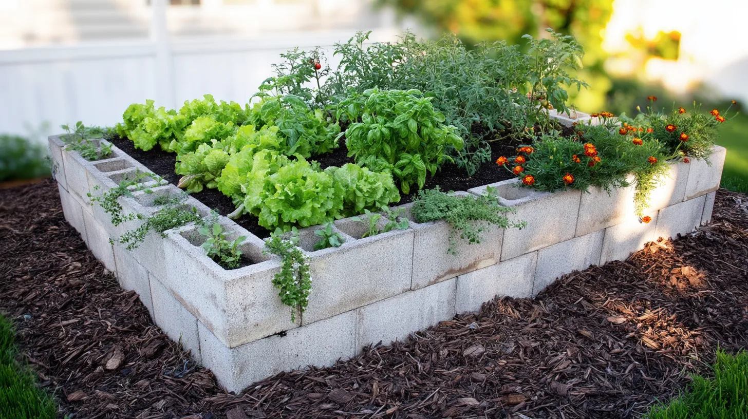 an ultra-realistic photo of a raised garden bed made from cinder blocks, filled with vibrant vegetables and colorful flowers, set in the backyard's landscape design. capture the intricate details of each block while emphasizing its solid construction for long crop life. the background should feature lush greenery against a white fence to highlight the beauty of home gardening. ensure that every detail is captured with precision using a canon eos r5 mirrorless camera.