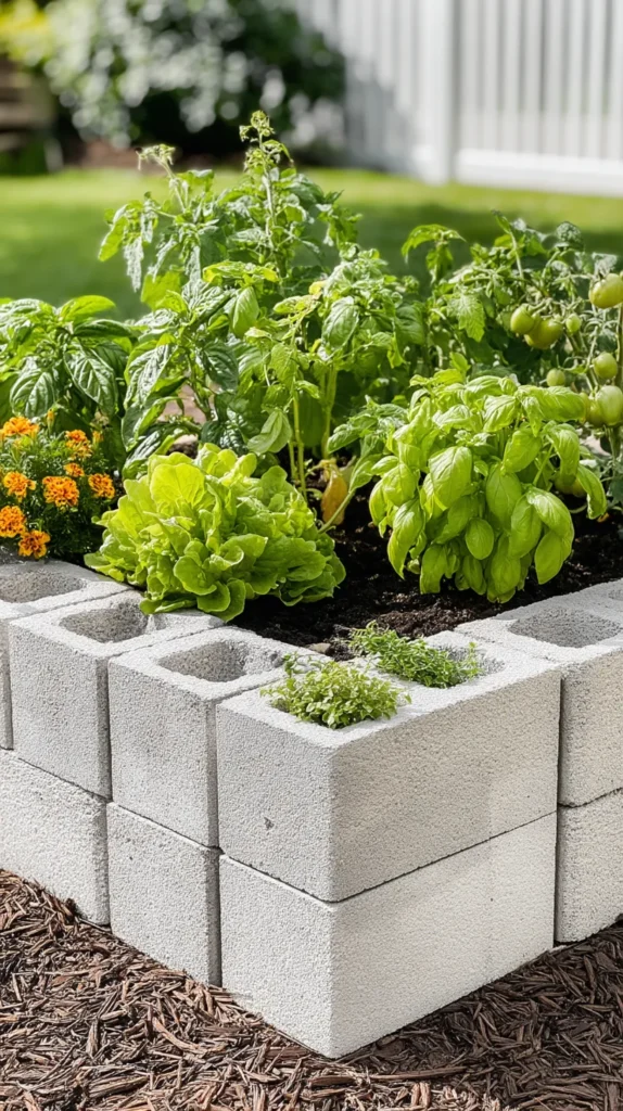 an ultra-realistic photo of a raised garden bed made from cinder blocks, filled with vibrant vegetables and colorful flowers, set in the backyard's landscape design. capture the intricate details of each block while emphasizing its solid construction for long crop life. the background should feature lush greenery against a white fence to highlight the beauty of home gardening. ensure that every detail is captured with precision using a canon eos r5 mirrorless camera.