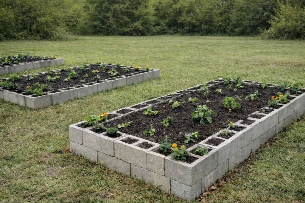 an ultra-realistic photo of a raised garden bed made from cinder blocks, filled with vibrant vegetables and colorful flowers, set in the backyard's landscape design. capture the intricate details of each block while emphasizing its solid construction for long crop life. the background should feature lush greenery against a white fence to highlight the beauty of home gardening. ensure that every detail is captured with precision using a canon eos r5 mirrorless camera.