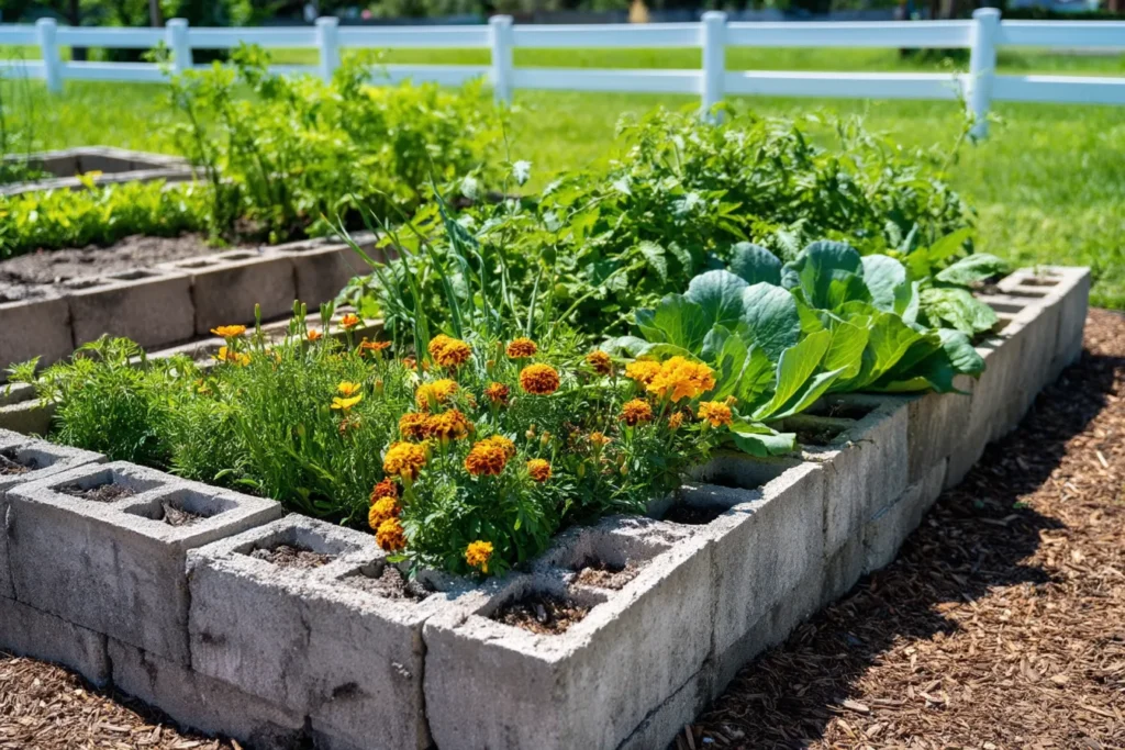 cinder block raised vegetable and flower garden bed in a backyard