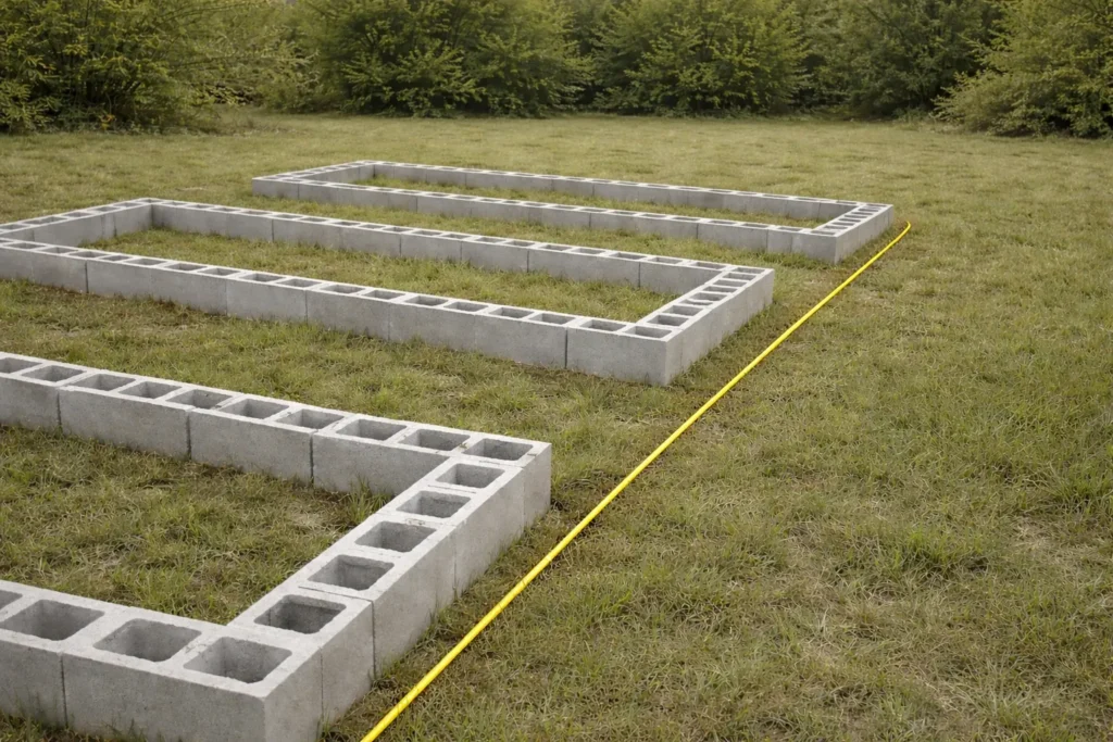 hyper-realistic photo of several rectangular cinder block raised garden bed outlines arranged on grass in a backyard, single row of light gray cinder blocks forming long rectangular garden beds, empty centers with grass still visible inside, red garden hose stretched along the side, one person partially visible kneeling in the distance placing a block, chain link fence in the background, overcast natural daylight, realistic concrete texture, 