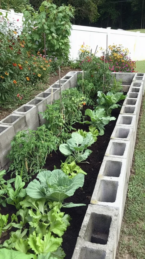 Standard cinder block raised garden beds filled with dark soil and starter plants in a grassy backyard.