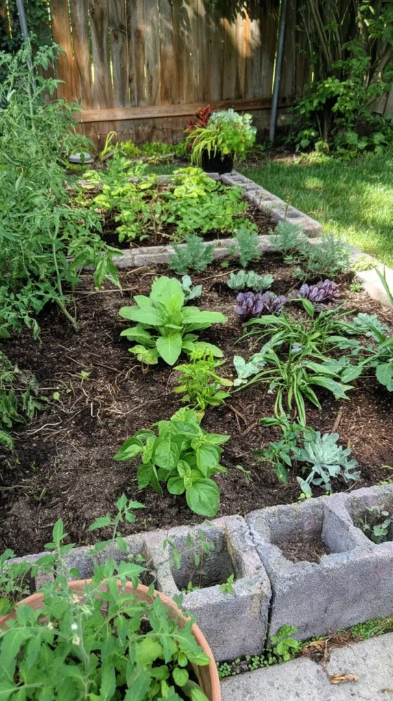 Standard cinder block raised garden beds in a backyard with rich soil, small vegetable starts, and a simple DIY layout on grass.