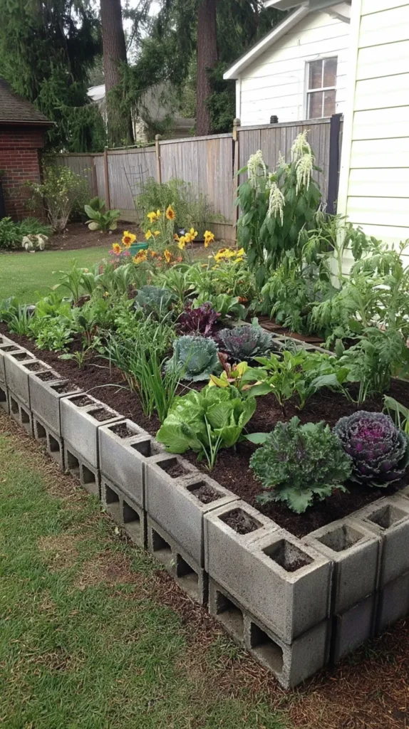 Low rectangular cinder block raised garden beds with fresh soil and young vegetable plants in a simple backyard garden.