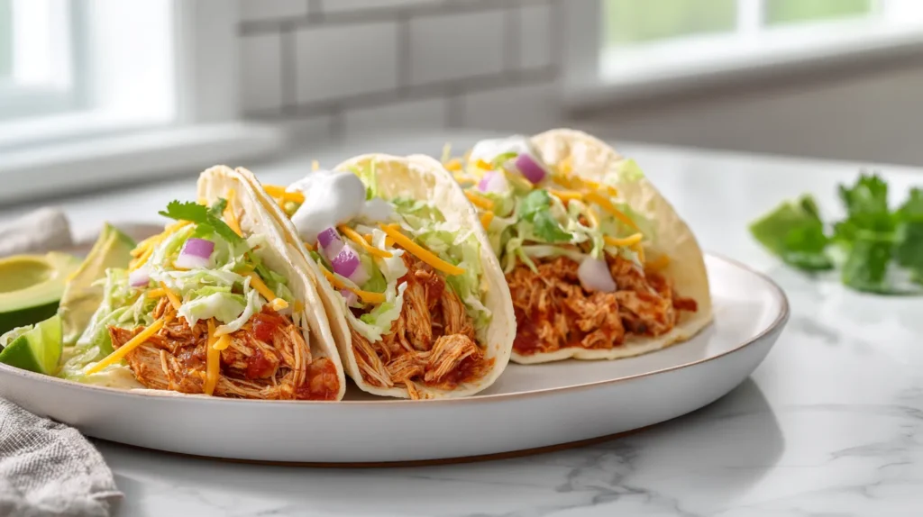 Three shredded chicken tacos on a white plate with lettuce, cheese, sour cream, red onion, cilantro, and lime wedges on a white marble counter.