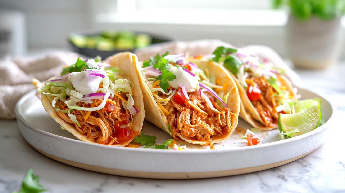hyper-realistic photo of three crockpot chicken tacos on a round white ceramic plate, warm small flour tortillas filled with juicy shredded chicken, visible red tomato and green chile bits from the salsa mixture, topped with finely shredded pale green lettuce, shredded orange cheddar cheese, small dollops of white sour cream, diced red onion, fresh chopped cilantro, and a few avocado slices, lime wedges on the side, chicken looks tender and glossy with light taco seasoning, realistic textures, soft folds in the tortillas, clean taco assembly, bright fresh colors, plate set on a white marble kitchen counter, bright white kitchen background, soft natural window light, crisp editorial food photography, airy upscale kitchen scene, shallow depth of field, no people, no clutter, no text, no watermark, no steam
