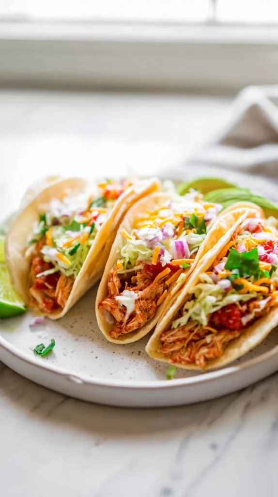 Three shredded chicken tacos on a white plate with lettuce, cheese, sour cream, red onion, cilantro, and lime wedges on a white marble counter.